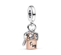 PANDORA Ciondolo Moments con lucchetto, chiave e cuore in argento Sterling e ciondolo placcato in oro rosa 14 k con zirconi cubici trasparenti e smalto nero