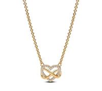 PANDORA Collana Moments a forma di cuore con simbolo dell'infinito brillante placcata in oro 14 carati con zirconi cubici trasparenti