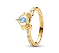 PANDORA Disney Anello con Cenerentola placcato in oro 14k con zirconi cubici azzurri trasparenti e fantasiosi, 60