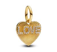 Pandora Engravable Love Heart Dangle Charm - 14k Gold-Plated with Sparkling Stones