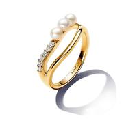 PANDORA Essence Anello placcato in oro 14k con perla coltivata d'acqua dolce trattata bianca e zirconia cubica trasparente, 56