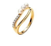 PANDORA Essence Anello placcato in oro 14k con perla coltivata d'acqua dolce trattata bianca e zirconia cubica trasparente, 50