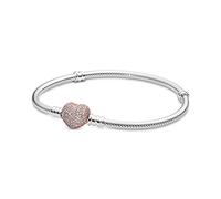 PANDORA Icons Bracciale in argento in maglia snake con chiusura a forma di cuore placcata in oro rosa 14 carati e zirconi cubici trasparenti, 18