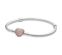 PANDORA Icons Bracciale in argento in maglia snake con chiusura a forma di cuore placcata in oro rosa 14 carati e zirconi cubici trasparenti, 18