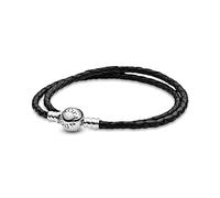 PANDORA Icons - Bracciale in pelle intrecciato, nero, doppio