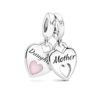 PANDORA Icons Ciondolo a forma di cuore con scritta Mother e Daughter in argento Sterling con smalto rosa scintillante