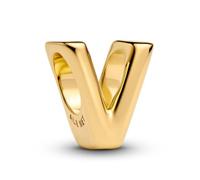 PANDORA Lettera V 763968C00 - Mini ciondolo in argento sterling con placcatura in oro 14 carati, compatibile Moments, dimensioni: 6,2 x 8,2 x 7,1 mm
