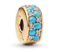 Pandora Moments Aquablaues 763902C01 - Ciondolo a clip in argento sterling placcato oro 14 carati, con cristalli blu ghiaccio e blu caprio, compatibile, 10,5x10,9x4,8 mm, Argento sterling, Nessuna