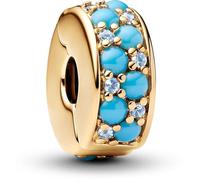 Pandora Moments Aquablaues 763902C01 - Ciondolo a clip in argento sterling placcato oro 14 carati, con cristalli blu ghiaccio e blu caprio, compatibile, 10,5x10,9x4,8 mm, Argento sterling, Nessuna