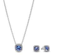 PANDORA Parure di gioielli da donna con collana e orecchini a bottone abbinati, scintillante alone blu quadrato in argento - senza tempo ed elegante 68616