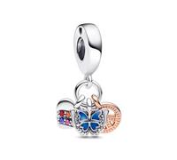 PANDORA Pendente Moments a forma di cuore con farfalla in argento Sterling e placcato in oro rosa 14 k con cristallo multicolore, zirconia cubica rosa e trasparente, smalto blu