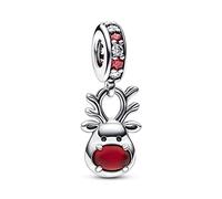 PANDORA Pendente natalizio a forma di renna Moments in argento Sterling con zirconi cubici trasparenti e rossi e vetro di Murano rosso satinato