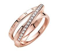 PANDORA Signature Anello con incrocio con pavé a tripla banda placcato in oro rosa 14 carati con zirconi cubici trasparenti, 50
