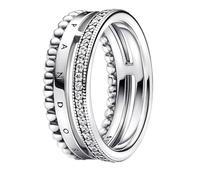 PANDORA Signature Anello con logo con pavé e perline in argento Sterling con zirconia cubica trasparente, 52