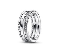 PANDORA Signature Anello con logo con pavé e perline in argento Sterling con zirconia cubica trasparente, 50