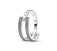 PANDORA Signature Anello con logo e pavé a doppia fascia in argento Sterling con zirconia cubica trasparente, 56