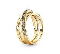 PANDORA Signature Anello con pavé incrociato a tripla banda placcato in oro 14k con zirconi cubici trasparenti, 52