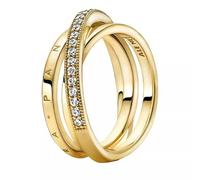PANDORA Signature Anello con pavé incrociato a tripla banda placcato in oro 14k con zirconi cubici trasparenti, 56
