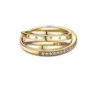PANDORA Signature Anello con pavé incrociato a tripla banda placcato in oro 14k con zirconi cubici trasparenti, 52
