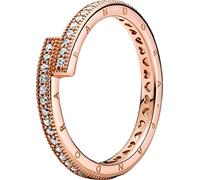 PANDORA Signature Anello con sovrapposizione brillante placcato in oro rosa 14 k con zirconi cubici trasparenti, 60