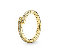 PANDORA Signature Anello con sovrapposizione placcato in oro 14k con zirconi cubici trasparenti, 50