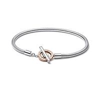 PANDORA Signature Bracciale a moschettone con logo a T bicolore in argento sterling e placcato in oro rosa 14k, 20