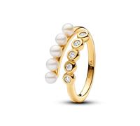 PANDORA Timeless Anello aperto placcato in oro 14k con perla coltivata d'acqua dolce trattata bianca e zirconi cubici trasparenti, 58