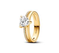 PANDORA Timeless Anello con cuore placcato in oro 14k con zirconi cubici trasparenti, 58
