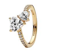 PANDORA Timeless Anello con doppio cuore scintillante placcato in oro 14 k con zirconia cubica trasparente, 54