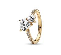 PANDORA Timeless Anello con doppio cuore scintillante placcato in oro 14 k con zirconia cubica trasparente, 58