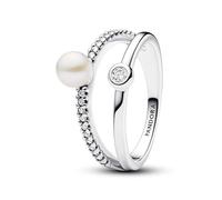 PANDORA Timeless Anello, in argento Sterling con perla coltivata d'acqua dolce trattata bianca e zirconia cubica trasparente, 54