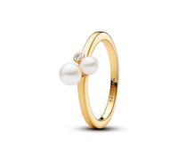 PANDORA Timeless Anello placcato in oro 14k con perla coltivata d'acqua dolce trattata bianca e zirconi cubici trasparenti, 56