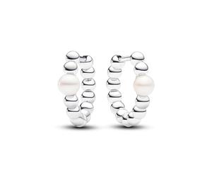 PANDORA Timeless Orecchini a cerchio Beaded in argento Sterling con perla coltivata d'acqua dolce trattata bianca, Cerchi D'Argento