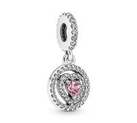 PANDORA Timeless Sparkling con doppio cuore e cerchio brillante, ciondolo in argento Sterling Sterling con zirconi cubici rosa trasparenti ed eleganti, Cuore Aureola Pendente