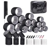 PandyCare Set di 40 bigodini per capelli lunghi e corti, bigodini in velcro, bigodini con 18 rulli neri autoaderenti, 16 fermagli per capelli, 1 pettine a coda di topo e custodia impermeabile