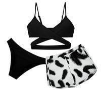 Panegy Ragazze Costume da Bagno 3 Pezzi Bikini Set Stampato Tankini Costume da Bagno Criss Cross Canottiere con Boyshorts Estate Beachwear Costume da Bagno Nero 12-13 Anni