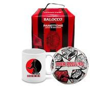Panettone Rossonero 500g con gocce di cioccolato e sciarpa Rossonero + pallone in cuoio n.5 e tazza mug in ceramica prodotto dolciario da forno a lievitazione naturale senza uvetta e canditi