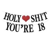 Pangogogo Holy Shit You're 18 Banner - Striscione nero glitterato per 18° compleanno, per ragazzi e ragazze, 2,6 m, divertente striscione per feste per adulti con cuore rosso, carta glitterata di alta