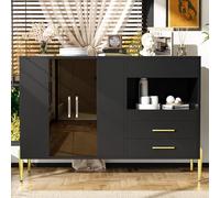Pangshiyuan Credenza a 2 ante con anta in vetro turchese, cassetti push-to-open, maniglie in metallo in acrilico, per soggiorno, sala da pranzo, corpo in MDF nero, gambe in ferro dorato, 120 x 39,5 x