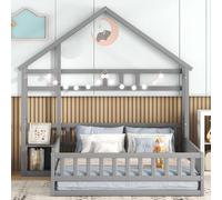 Pangshiyuan Lettino per bambini, 140 x 190 cm, piano a forma di casa, ringhiera, comodino, letto estraibile, senza materasso, lino, grigio