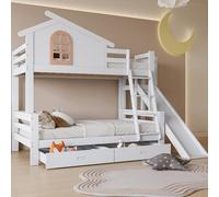 Pangshiyuan Letto a castello con scivolo e vano portaoggetti, letto a soppalco per bambini e genitori, scala a quattro livelli, design finestra, telaio in legno massello, bianco+naturale, 90 x 200 e