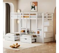 Pangshiyuan Letto a castello per bambini 90 x 200 cm con legno solido, storage drawers, safety ladder, safety raails, nightstand, bianco, bed bunk bed with 3 Sleeping Space