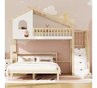 Pangshiyuan Letto a soppalco 90 x 200 cm con ringhiera, scala portaoggetti, finestra e sotto-letto 140 x 200 cm, legno di pino e MDF, bianco + naturale, mobili per camera dei bambini