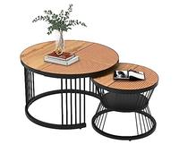 Pangshiyuan Set di 2 tavolini da caffè con pannello MDF e struttura in metallo, tavolino rotondo dal design moderno con effetto rattan, per soggiorno e balcone, marrone, 70 x 70 x 45 cm e 45 x 45 x 40