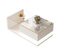 Pangshiyuan Tavolino moderno con illuminazione a LED, bianco lucido, con piano in vetro e vano portaoggetti, dimmerabile, 90 x 50 x 32,5 cm, tavolino per soggiorno, con cassetti e scomparti aperti