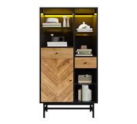 Pangshiyuan Vetrina con illuminazione a LED a 12 colori, armadietto da cucina con ripiani in vetro e 2 cassetti, in truciolato e metallo, venature del legno e nero, 150,5 x 80 x 40 cm