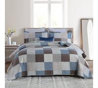 PANGUSHAN Set di biancheria da letto king size, 100% cotone, motivo patchwork scozzese, copriletto king size, trapunta, trapunta, leggera, reversibile, blu/marrone, 3 pezzi