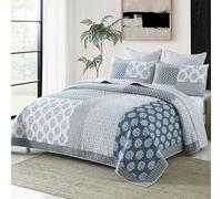 PANGUSHAN Set di biancheria da letto king size, 100% cotone, reversibile, motivo patchwork floreale, per letto king size, blu/grigio/bianco, leggero per tutte le stagioni, 3 pezzi