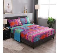 Pangzi Set di biancheria da letto in stile bohémien retrò, 1 lenzuolo con angoli, 1 piatto, 2 federe, 4 pezzi (queen size, rosso)