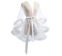 PANIES Lingerie per Le Donne Vestaglia Kimono in Pizzo, Trasparente, da Sposa, da Notte, Accappatoio con Pelliccia,003,M